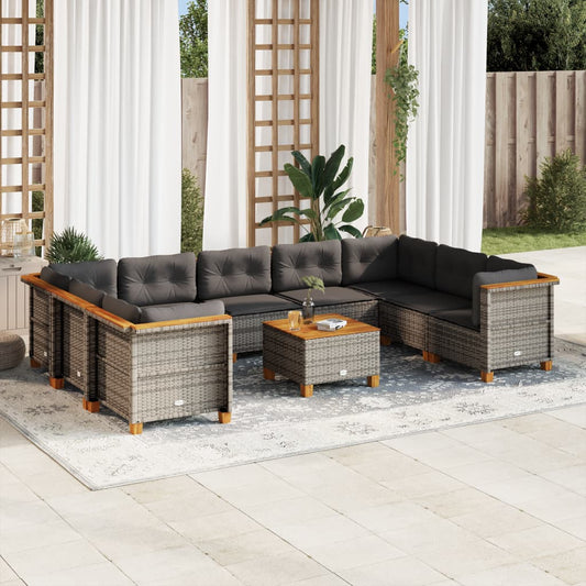 10-tlg. Garten-Sofagarnitur mit Kissen Grau Poly Rattan