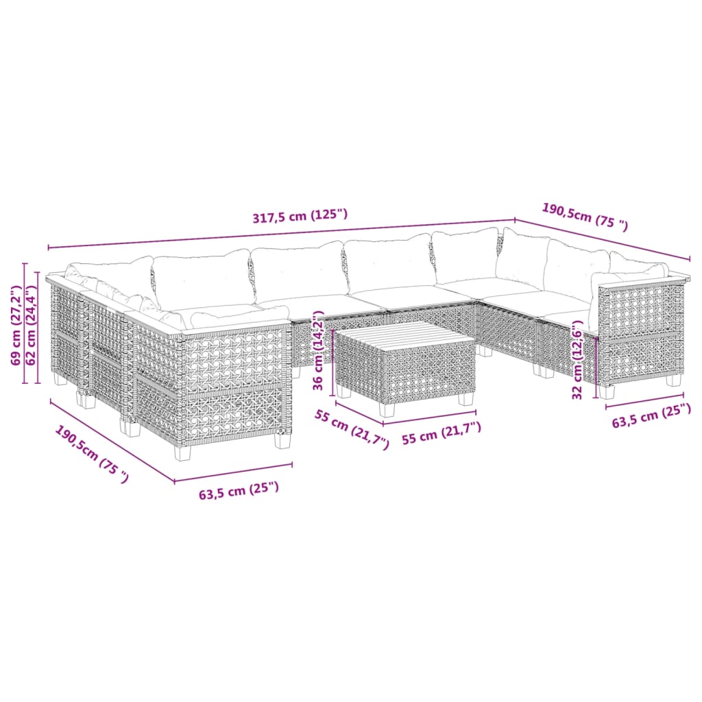 10-tlg. Garten-Sofagarnitur mit Kissen Schwarz Poly Rattan