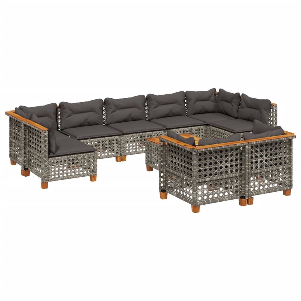 10-tlg. Garten-Sofagarnitur mit Kissen Grau Poly Rattan