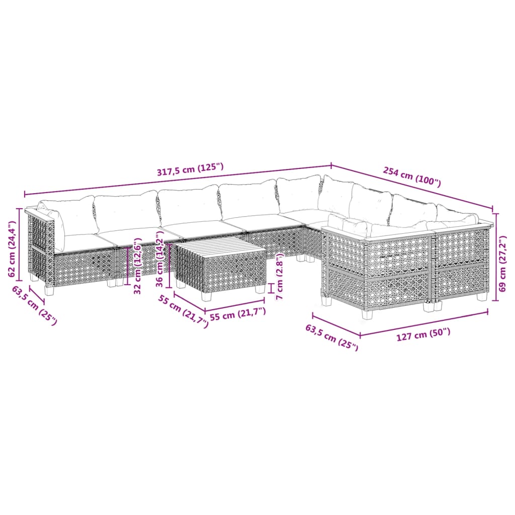 10-tlg. Garten-Sofagarnitur mit Kissen Schwarz Poly Rattan