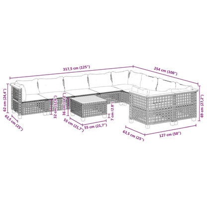 10-tlg. Garten-Sofagarnitur mit Kissen Grau Poly Rattan