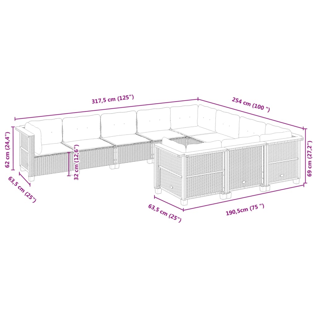 10-tlg. Garten-Sofagarnitur mit Kissen Schwarz Poly Rattan