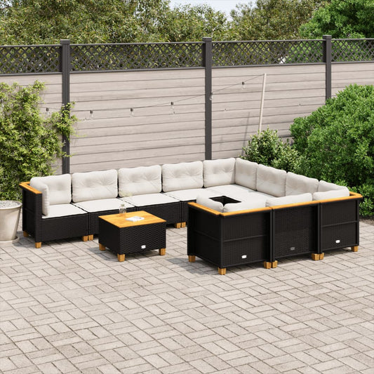 11-tlg. Garten-Sofagarnitur mit Kissen Schwarz Poly Rattan