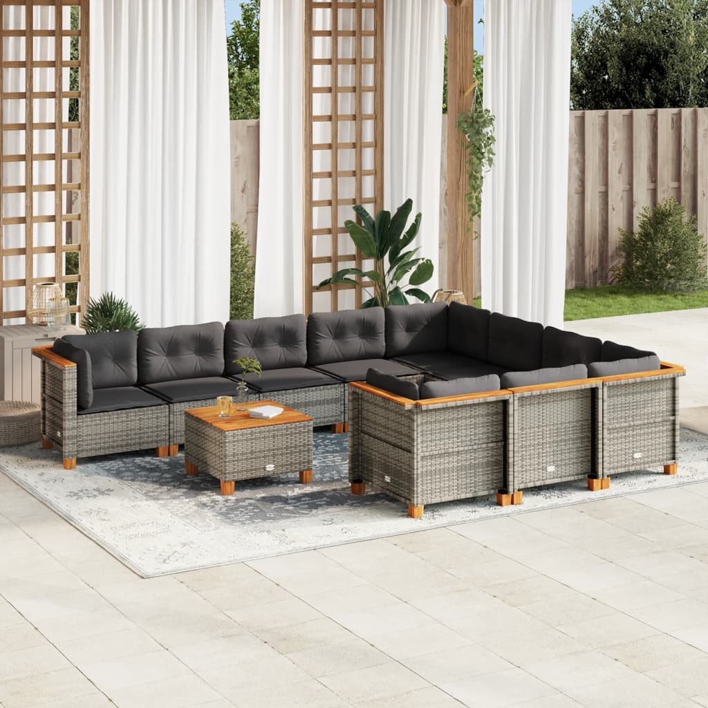 11-tlg. Garten-Sofagarnitur mit Kissen Grau Poly Rattan