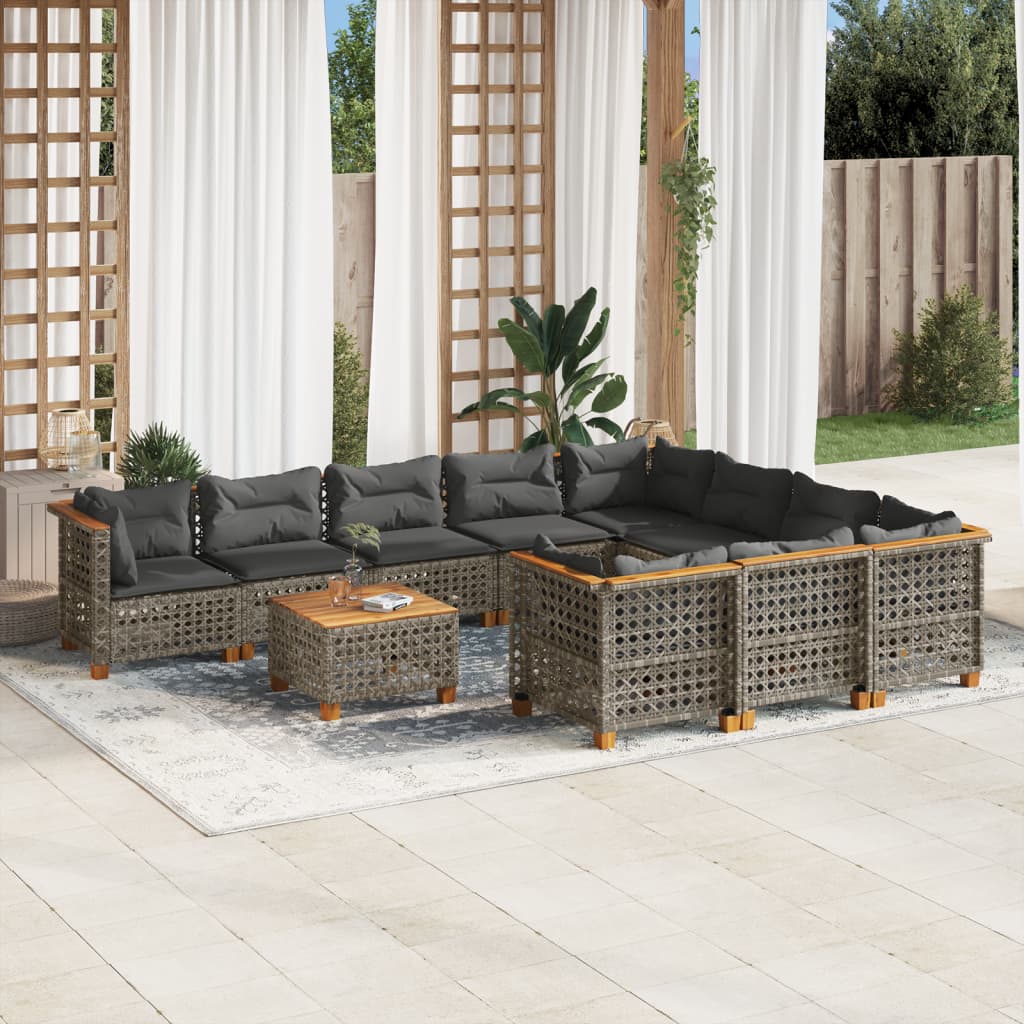 11-tlg. Garten-Sofagarnitur mit Kissen Grau Poly Rattan