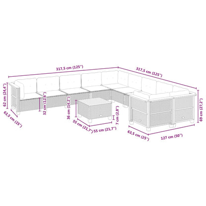 11-tlg. Garten-Sofagarnitur mit Kissen Schwarz Poly Rattan