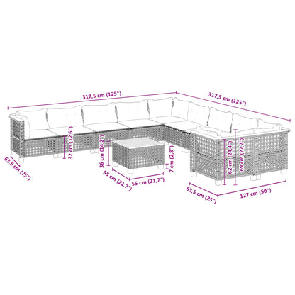 11-tlg. Garten-Sofagarnitur mit Kissen Schwarz Poly Rattan