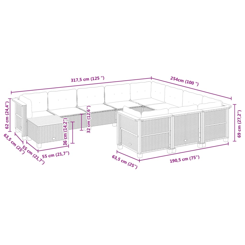 11-tlg. Garten-Sofagarnitur mit Kissen Schwarz Poly Rattan