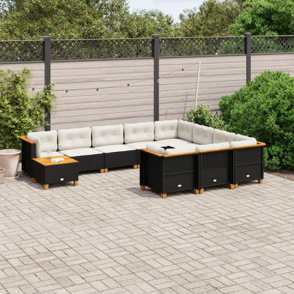 11-tlg. Garten-Sofagarnitur mit Kissen Schwarz Poly Rattan