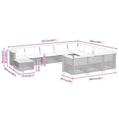 11-tlg. Garten-Sofagarnitur mit Kissen Schwarz Poly Rattan