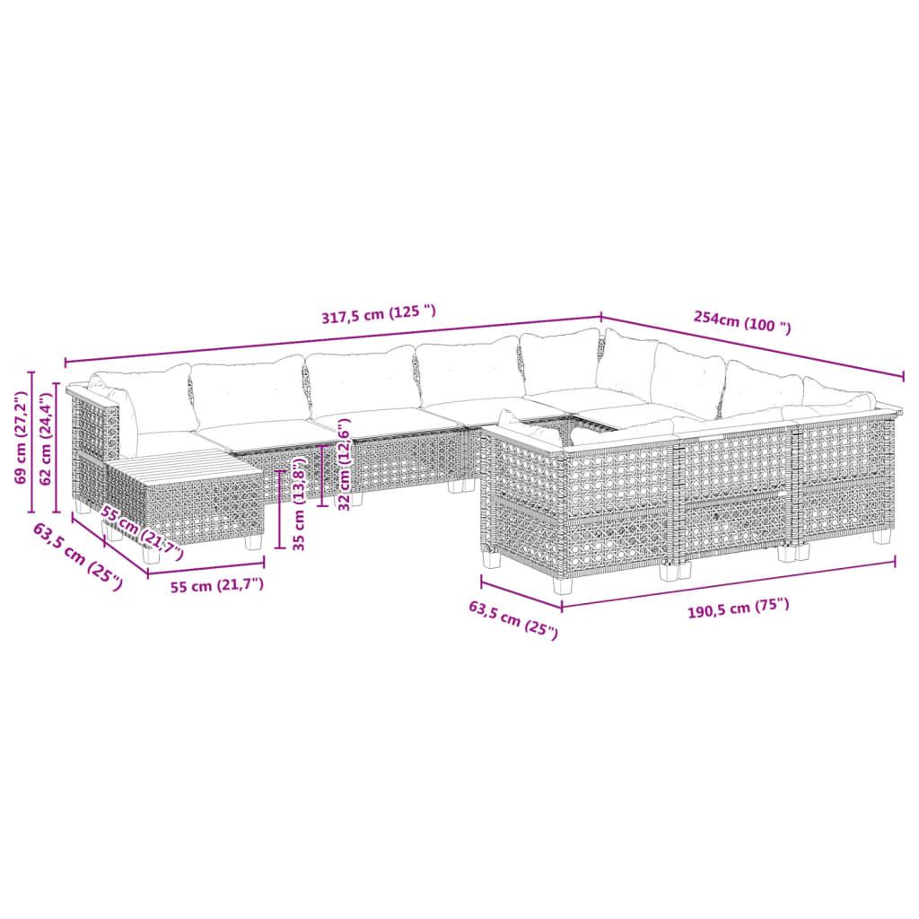 11-tlg. Garten-Sofagarnitur mit Kissen Grau Poly Rattan