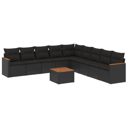 10-tlg. Garten-Sofagarnitur mit Kissen Schwarz Poly Rattan