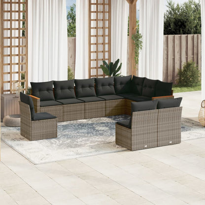 10-tlg. Garten-Sofagarnitur mit Kissen Grau Poly Rattan