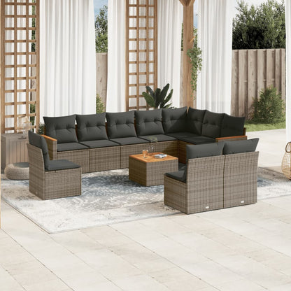 11-tlg. Garten-Sofagarnitur mit Kissen Grau Poly Rattan