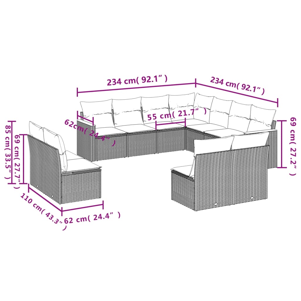 11-tlg. Garten-Sofagarnitur mit Kissen Beige Poly Rattan