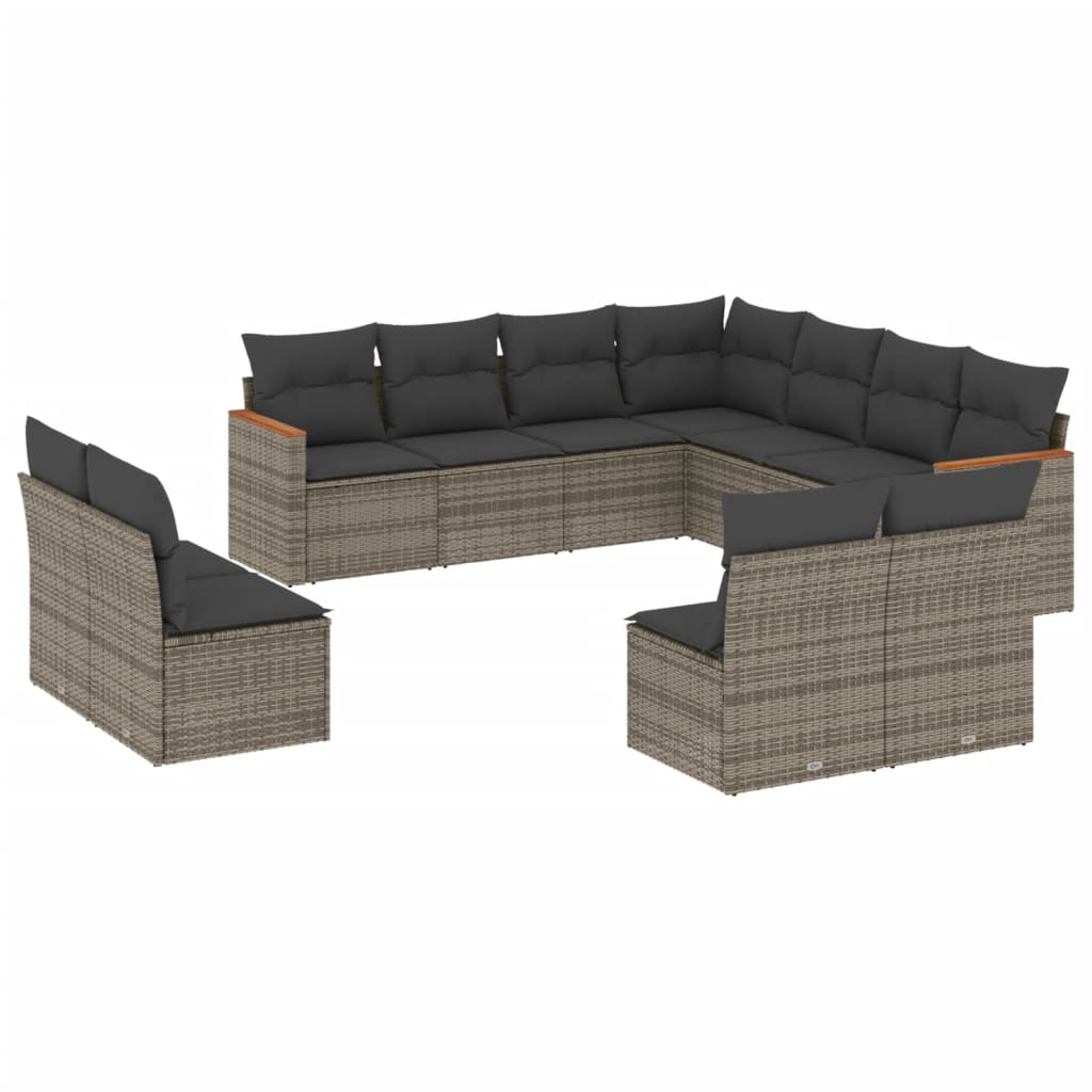 11-tlg. Garten-Sofagarnitur mit Kissen Grau Poly Rattan