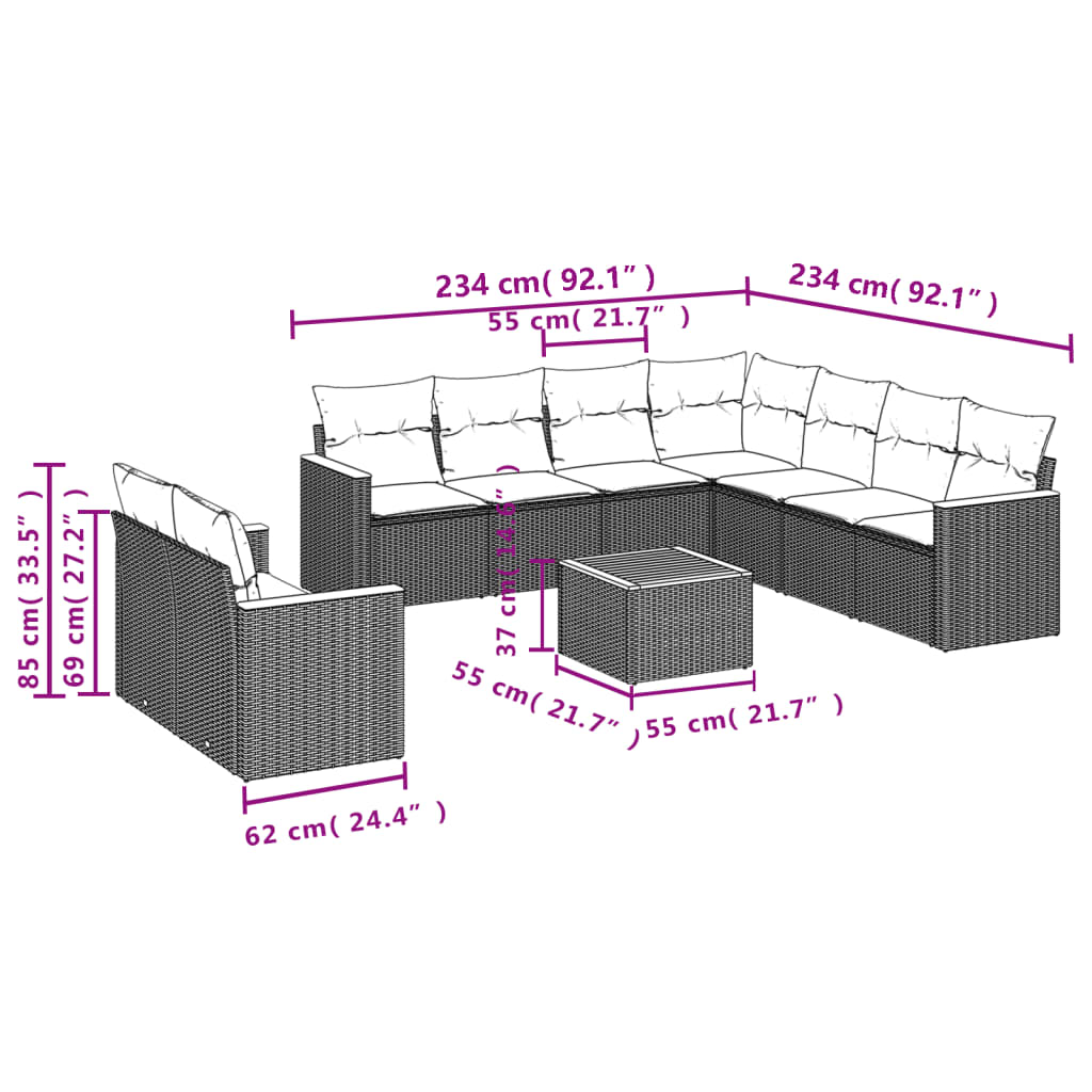 10-tlg. Garten-Sofagarnitur mit Kissen Beige Poly Rattan