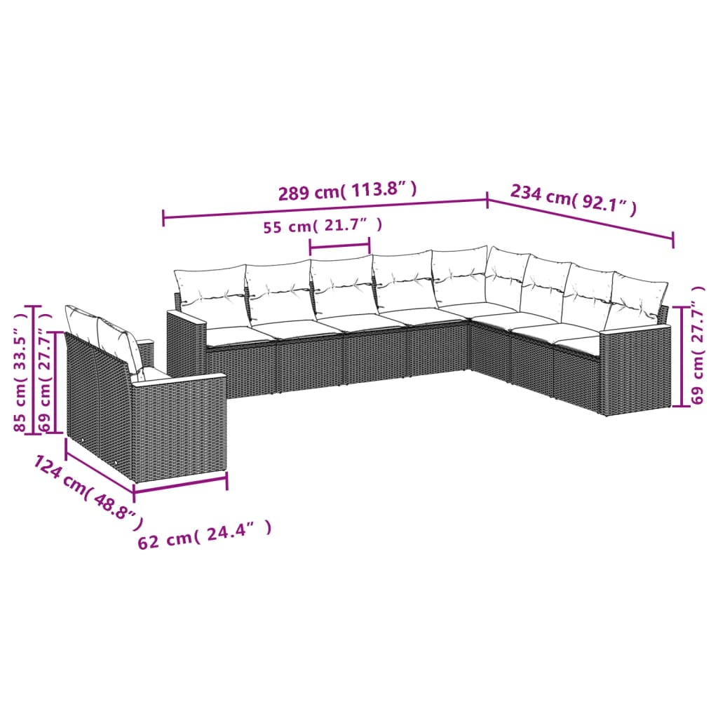 10-tlg. Garten-Sofagarnitur mit Kissen Schwarz Poly Rattan