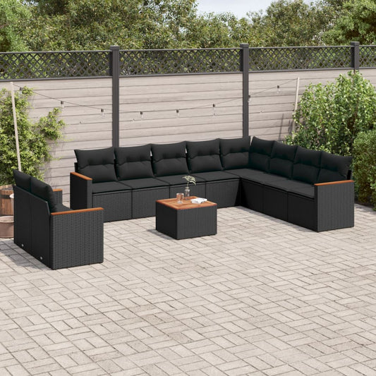 11-tlg. Garten-Sofagarnitur mit Kissen Schwarz Poly Rattan