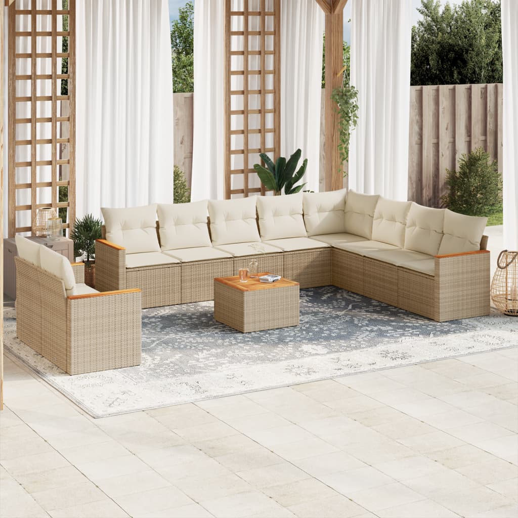 11-tlg. Garten-Sofagarnitur mit Kissen Beige Poly Rattan