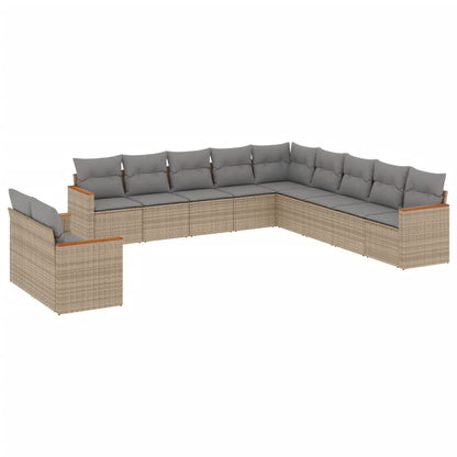 11-tlg. Garten-Sofagarnitur mit Kissen Beige Poly Rattan