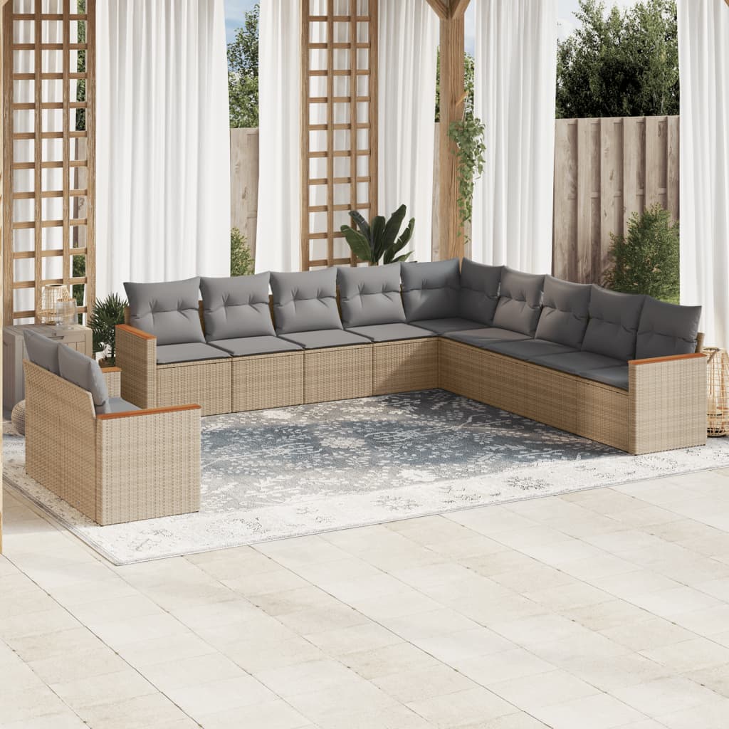 11-tlg. Garten-Sofagarnitur mit Kissen Beige Poly Rattan