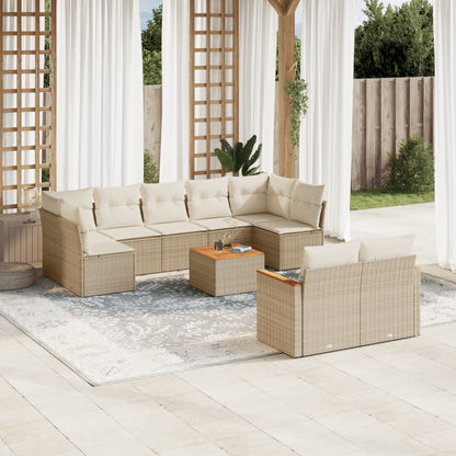 10-tlg. Garten-Sofagarnitur mit Kissen Beige Poly Rattan