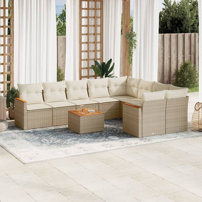 10-tlg. Garten-Sofagarnitur mit Kissen Beige Poly Rattan