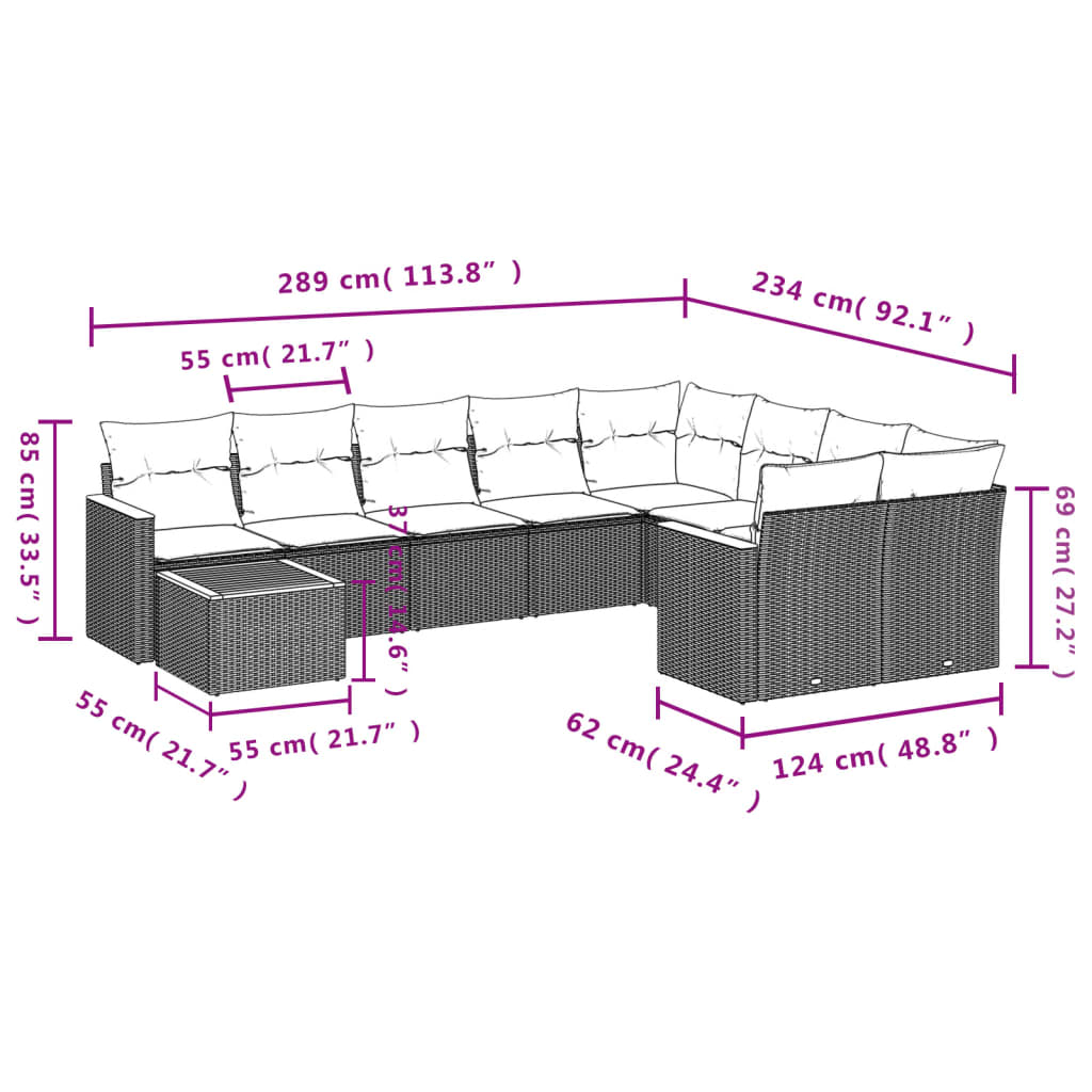 10-tlg. Garten-Sofagarnitur mit Kissen Grau Poly Rattan