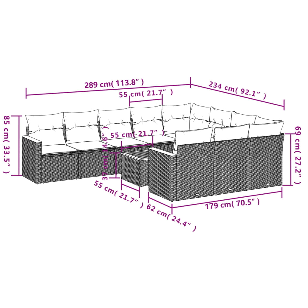 11-tlg. Garten-Sofagarnitur mit Kissen Grau Poly Rattan