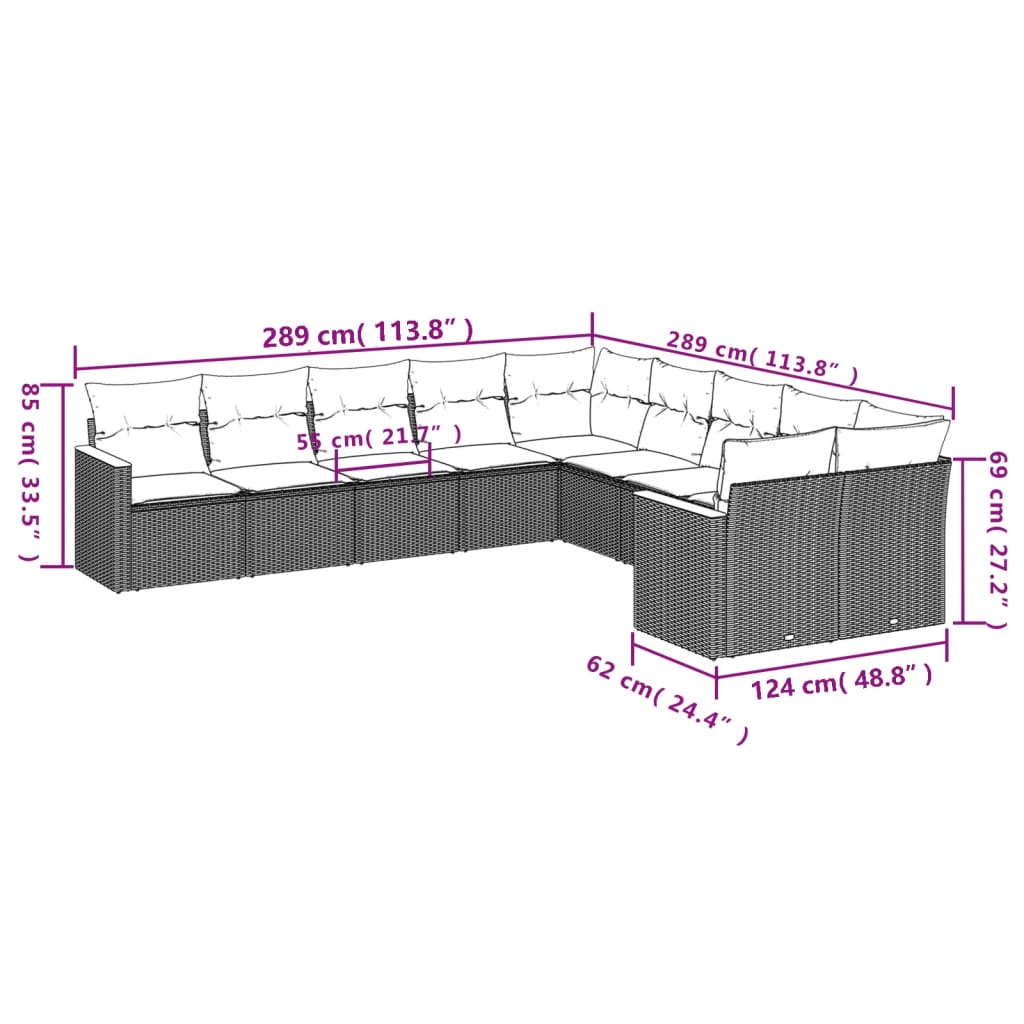 10-tlg. Garten-Sofagarnitur mit Kissen Schwarz Poly Rattan