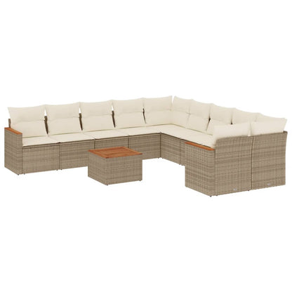 11-tlg. Garten-Sofagarnitur mit Kissen Beige Poly Rattan