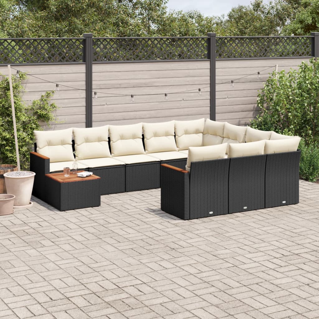 11-tlg. Garten-Sofagarnitur mit Kissen Schwarz Poly Rattan