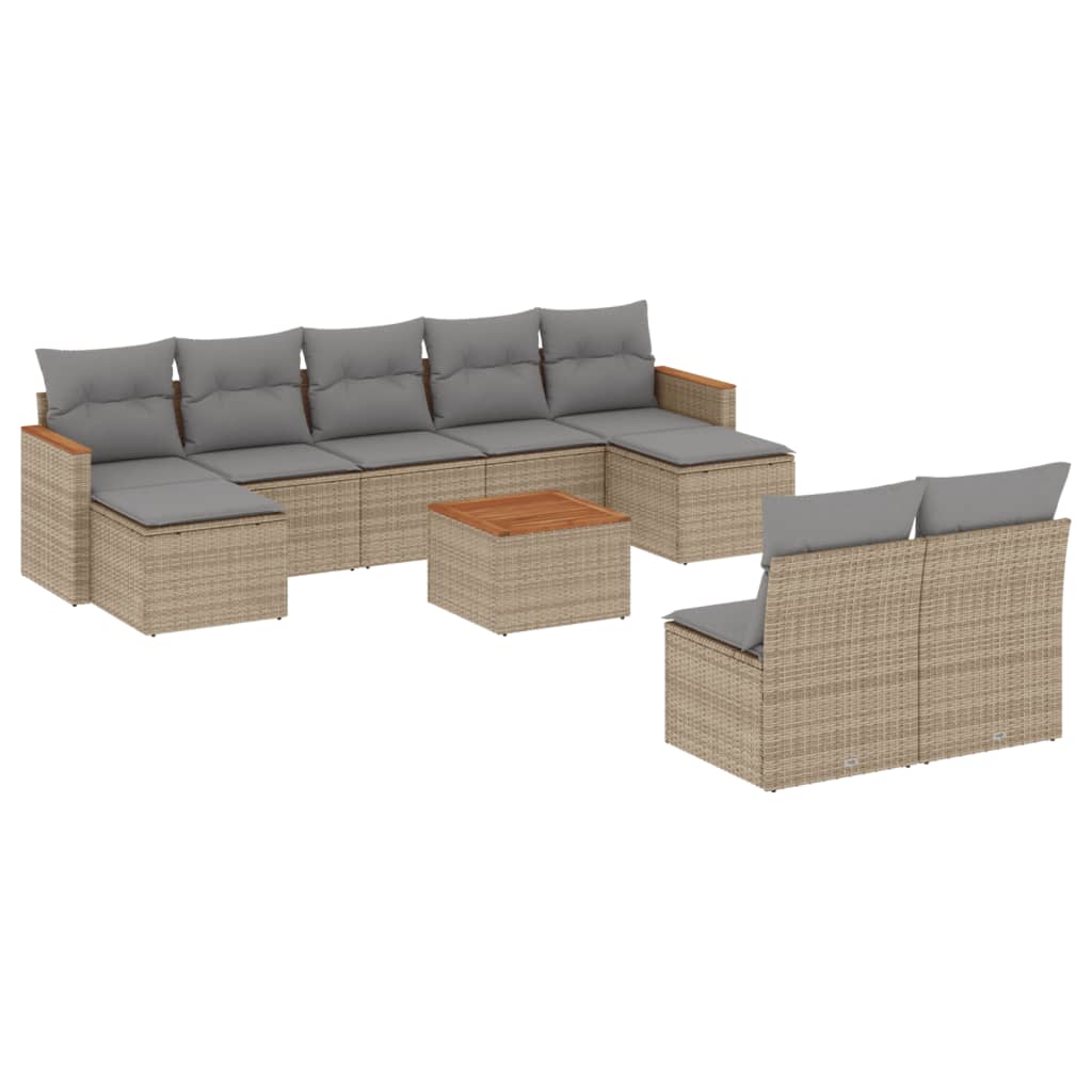 10-tlg. Garten-Sofagarnitur mit Kissen Beige Poly Rattan