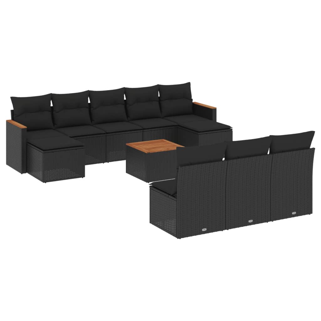 11-tlg. Garten-Sofagarnitur mit Kissen Schwarz Poly Rattan