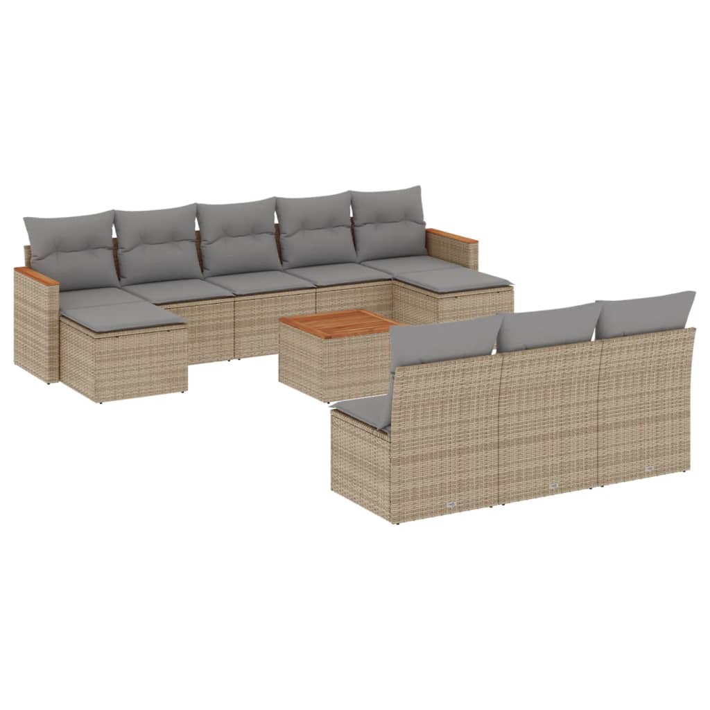 11-tlg. Garten-Sofagarnitur mit Kissen Beige Poly Rattan