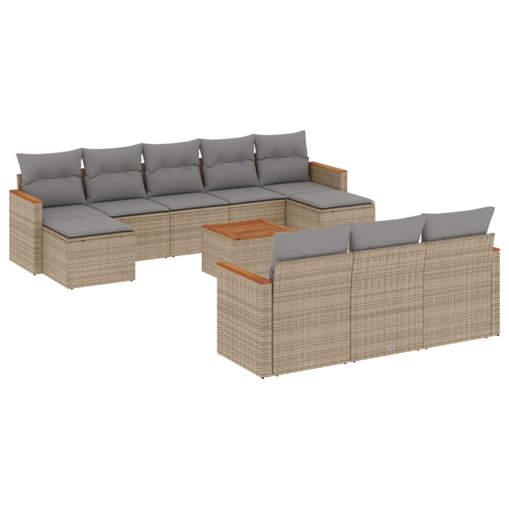 11-tlg. Garten-Sofagarnitur mit Kissen Beige Poly Rattan