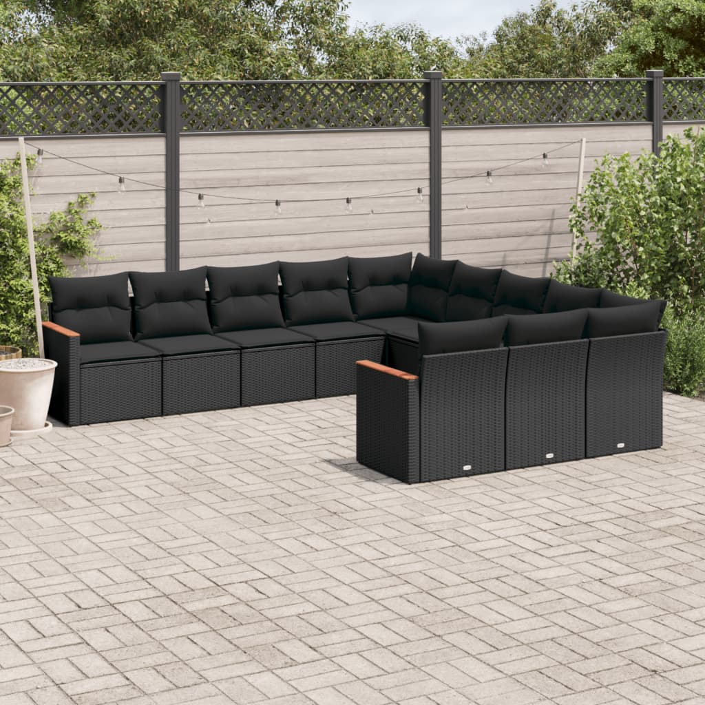 11-tlg. Garten-Sofagarnitur mit Kissen Schwarz Poly Rattan