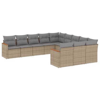 11-tlg. Garten-Sofagarnitur mit Kissen Beige Poly Rattan