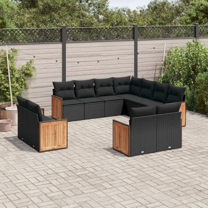 11-tlg. Garten-Sofagarnitur mit Kissen Schwarz Poly Rattan