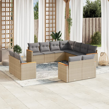 11-tlg. Garten-Sofagarnitur mit Kissen Beige Poly Rattan