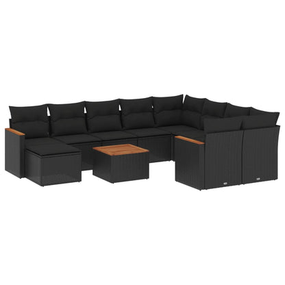 11-tlg. Garten-Sofagarnitur mit Kissen Schwarz Poly Rattan