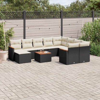 11-tlg. Garten-Sofagarnitur mit Kissen Schwarz Poly Rattan