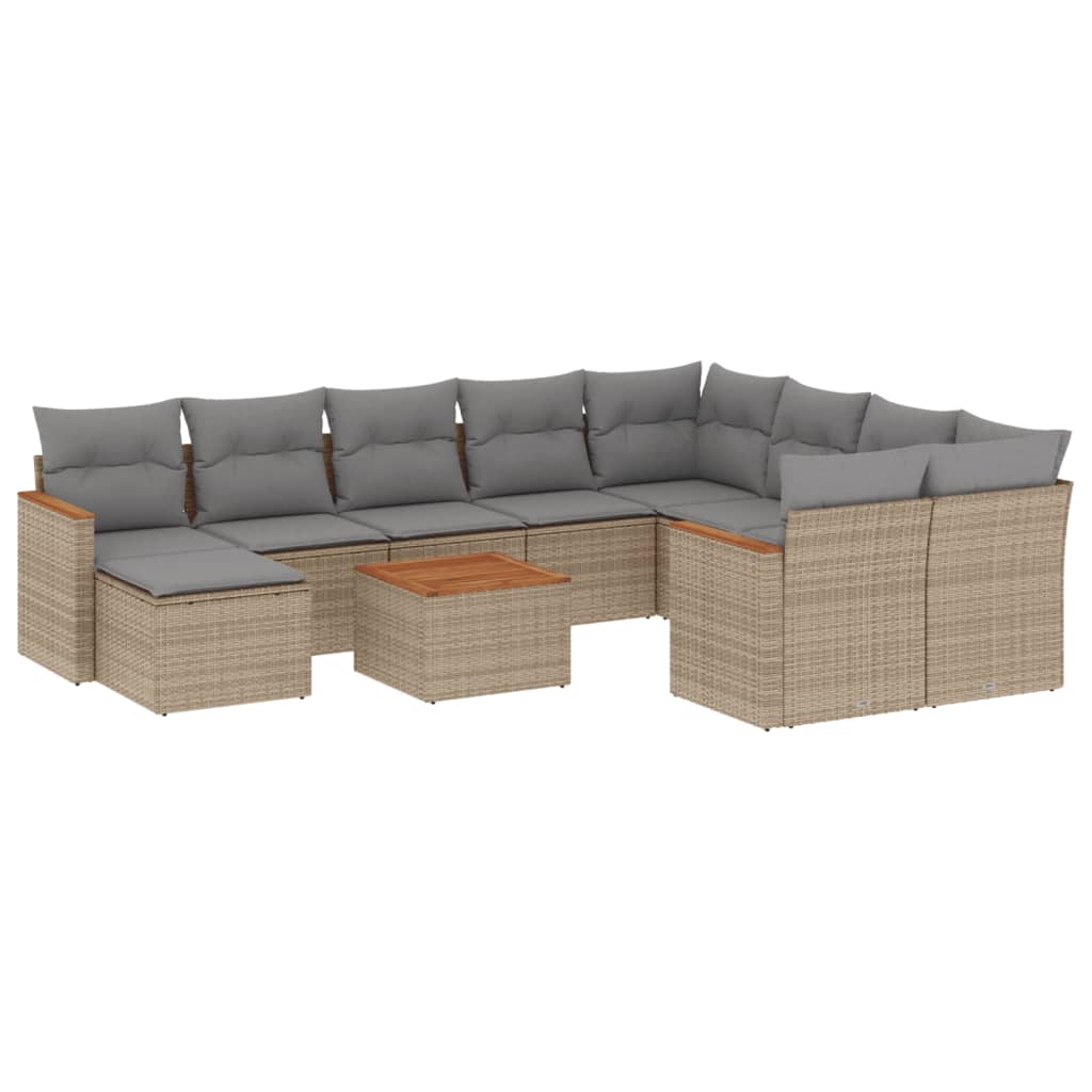 11-tlg. Garten-Sofagarnitur mit Kissen Beige Poly Rattan