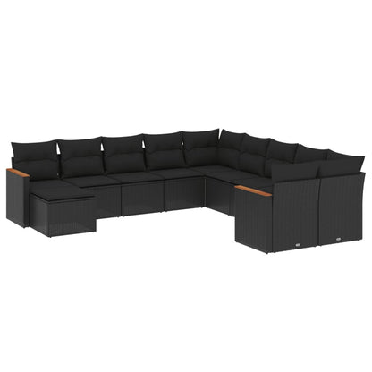 11-tlg. Garten-Sofagarnitur mit Kissen Schwarz Poly Rattan