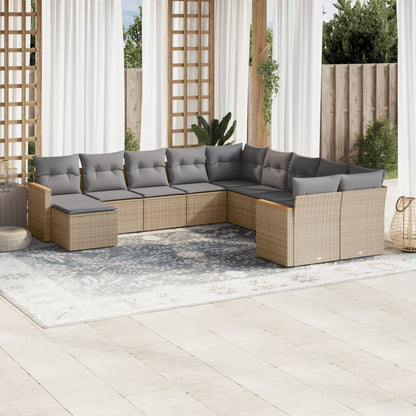 11-tlg. Garten-Sofagarnitur mit Kissen Beige Poly Rattan