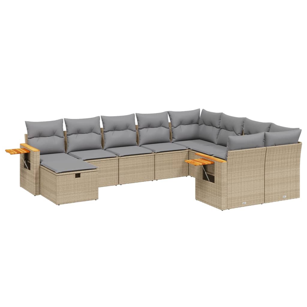 10-tlg. Garten-Sofagarnitur mit Kissen Beige Poly Rattan