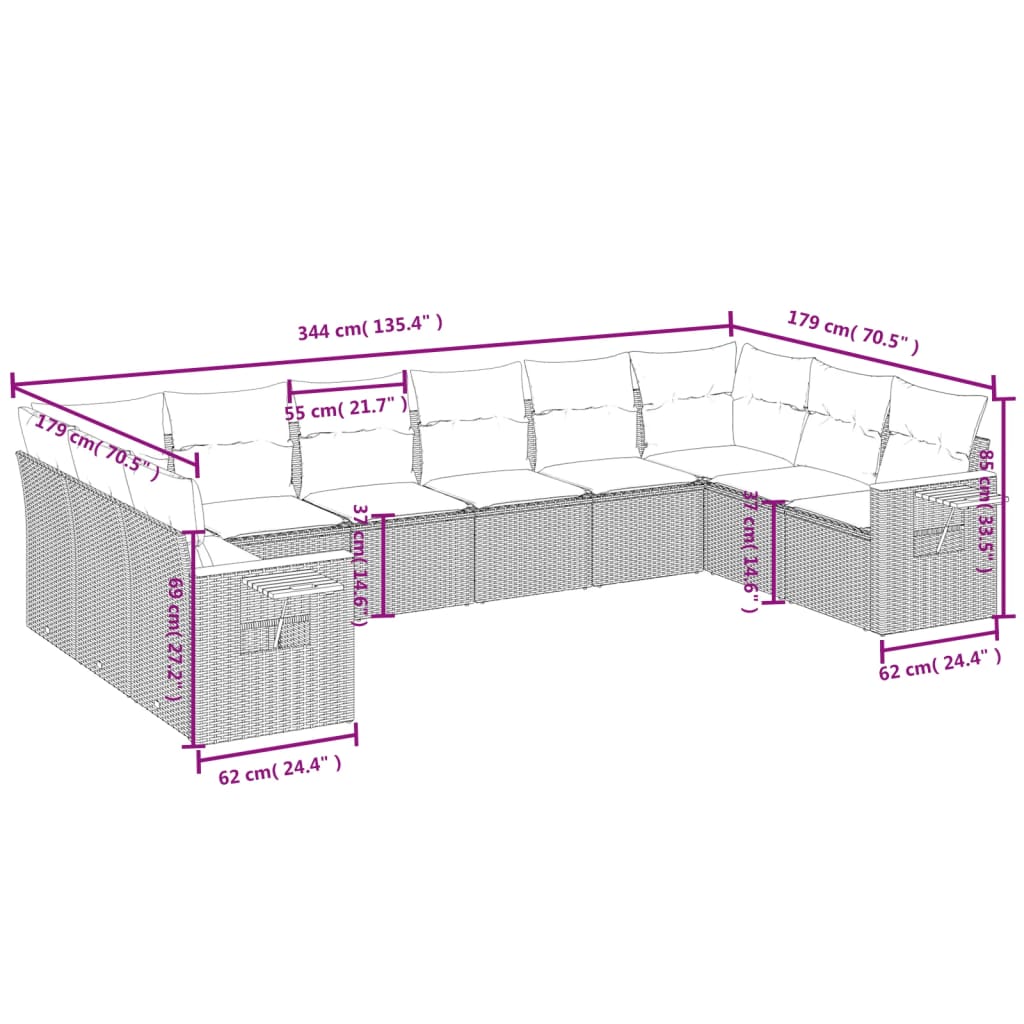 10-tlg. Garten-Sofagarnitur mit Kissen Grau Poly Rattan