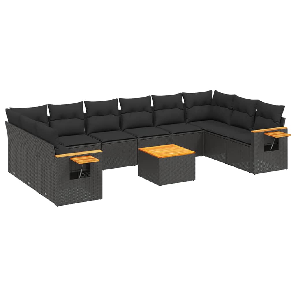 11-tlg. Garten-Sofagarnitur mit Kissen Schwarz Poly Rattan