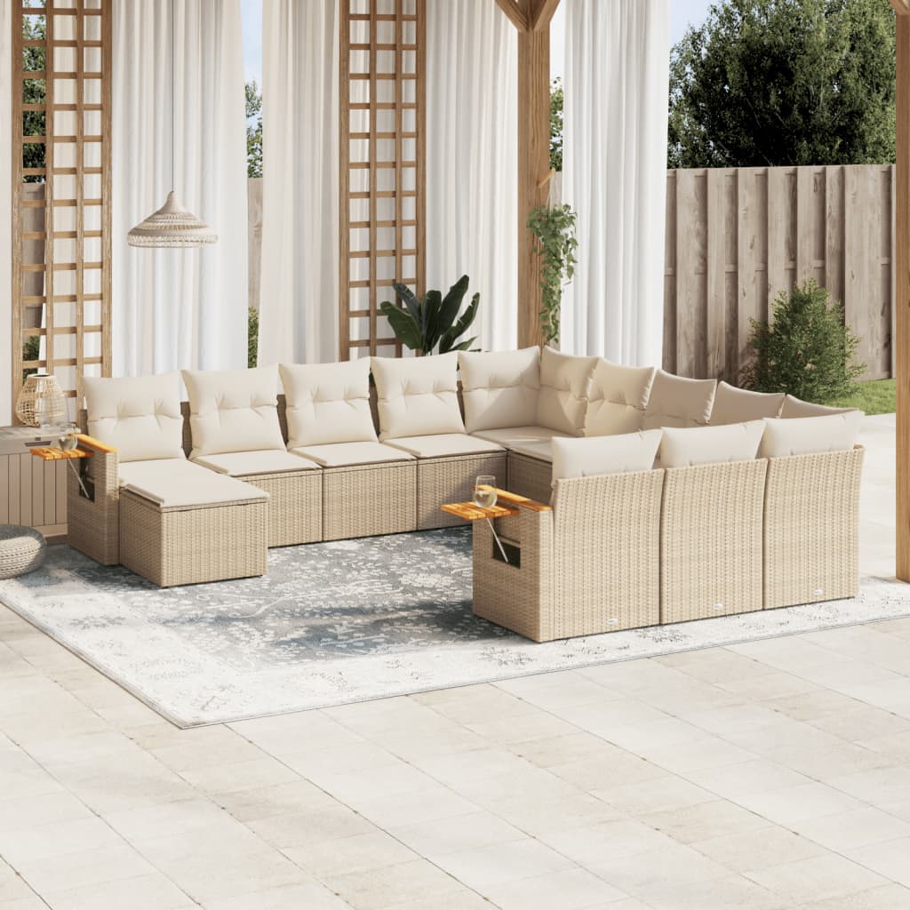 11-tlg. Garten-Sofagarnitur mit Kissen Beige Poly Rattan